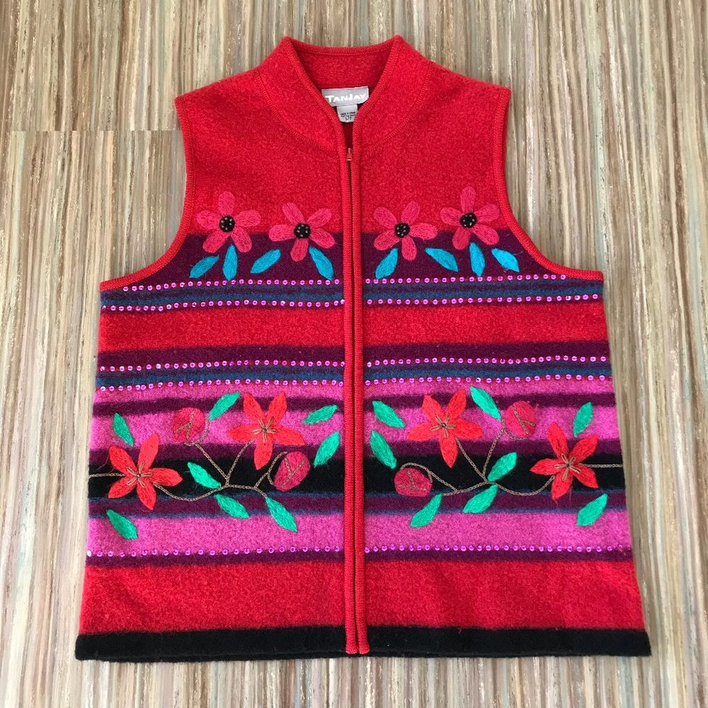 Tanjay Boiled Wool Zip Up Vest with Flower Applique Sequin Stripe Design